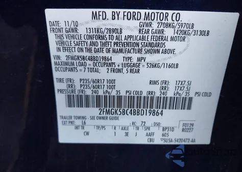 2011 Ford Flex Se from USA, damaged, VIN 2FMGK5BC4BBD19864